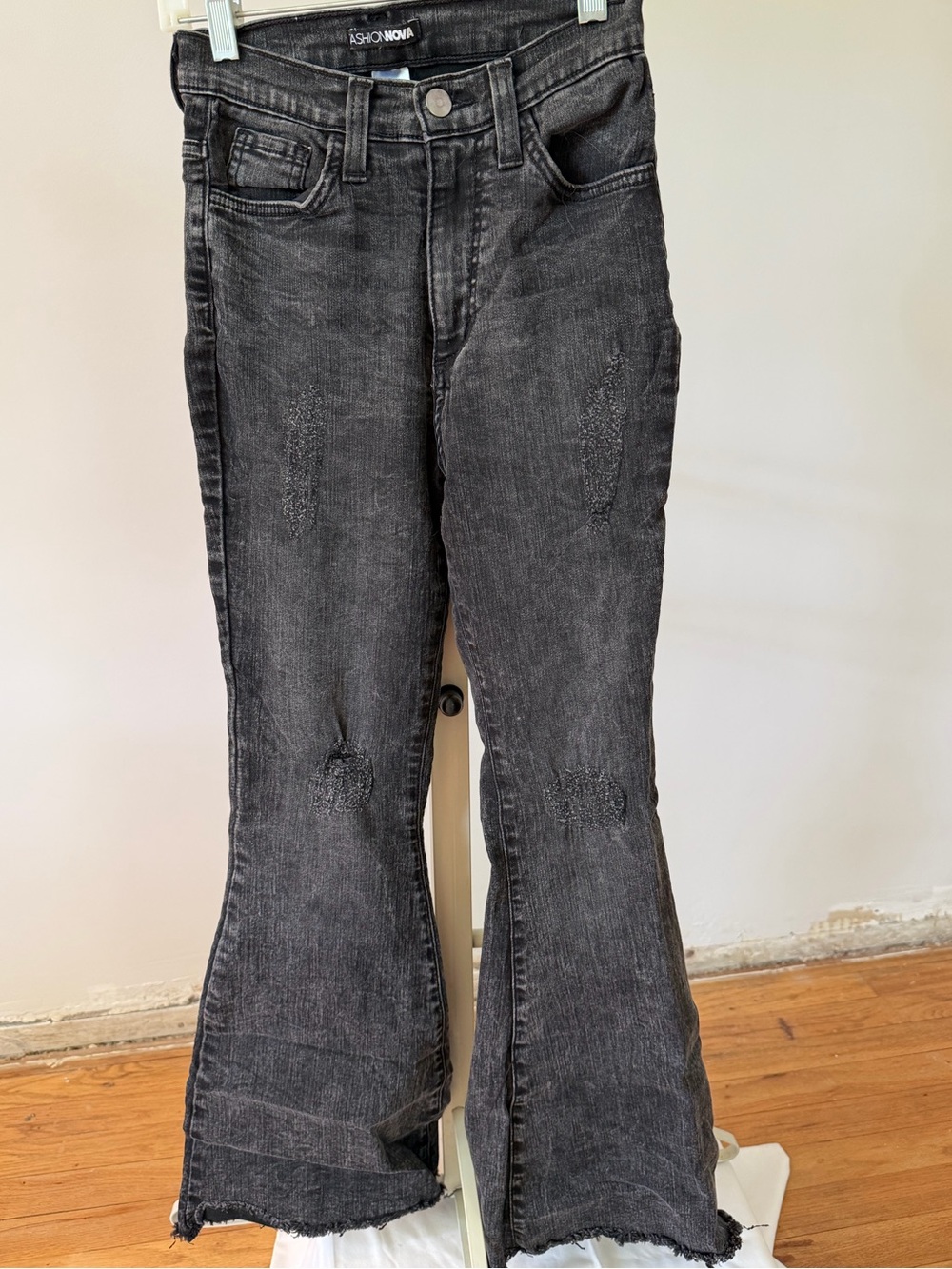 Fashion Nova Washed Black Distressed Flare Jeans